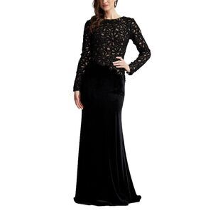 Tadashi Shoji Women's Black Sinnott Chenille Embroidered Gown Dress Size 16